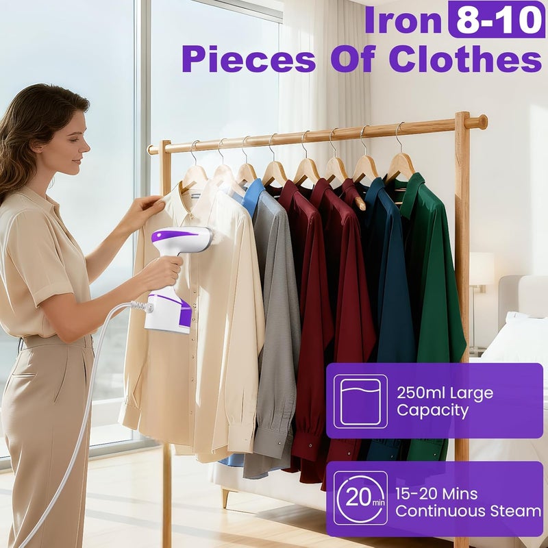 DBC Steamer for Clothes 1500W, 20S Fast Heat-up Portable Handheld Steamer for Clothes, 2 in 1 Fabric Wrinkle Remover with Fabric Brush, 250ml Water Tank, Ideal for Home, Office, Travel, Purple - Image 3